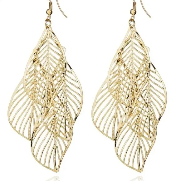 Multi Leaf Pattern Drop Gold Earrings - Picture 2 of 3